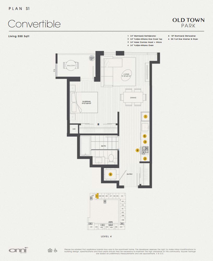 Floor plan for studio, 1 bath, 550 sqft